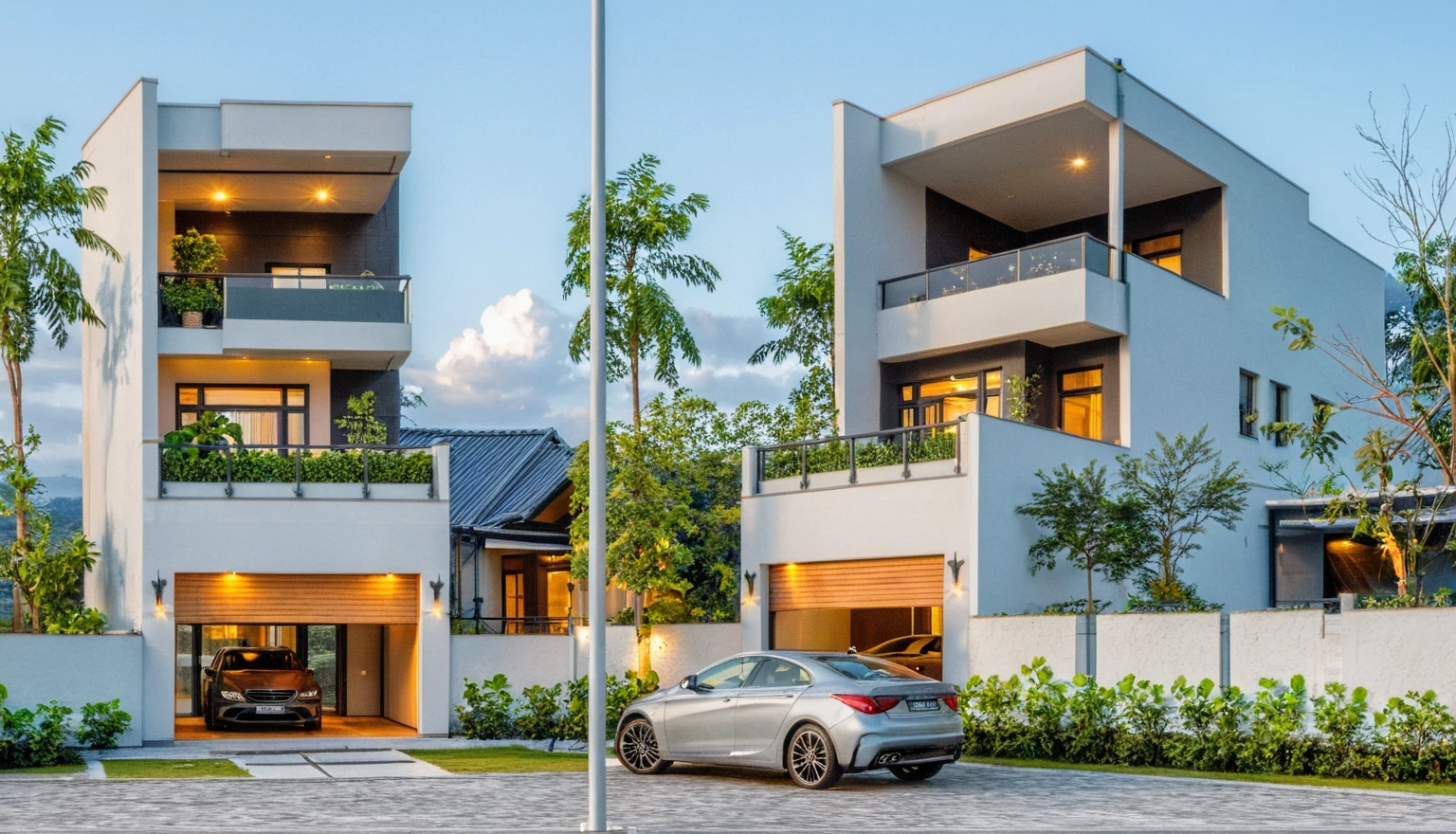 Masterpiece, high quality, best quality, authentic, super detail, outdoors, threestoreyvillaXL, aiaigroup, house style modern on the street, white wall, road, pavement, grass, trees, sky, cloud, (daylight:1.1), 
