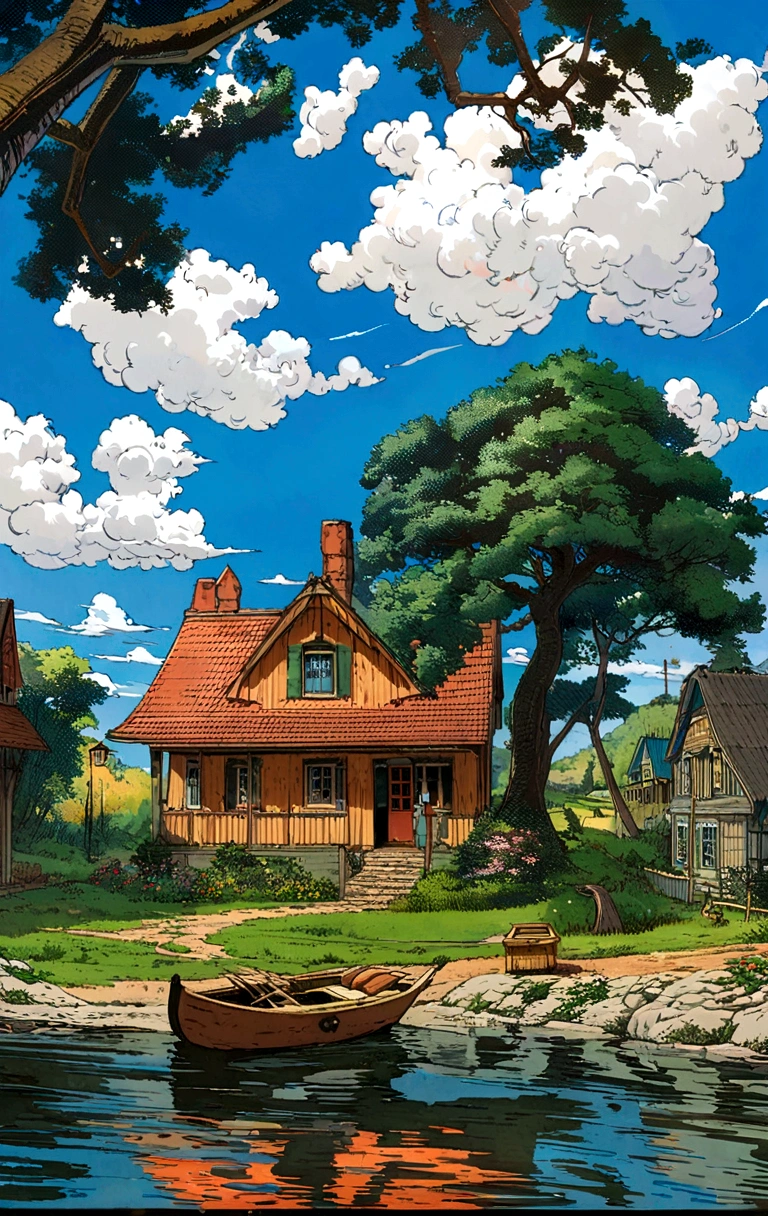 painting of a house with a boat in the water near a tree, anime countryside landscape, house background, by Miyazaki, summer afternoon, swedish house, studio ghibli environment, highly detailed and colored, studio ghibli sky, studio ghibli landscape, inspired by Jacek Yerka, beautifull puffy clouds. anime, studio ghibli artstyle, anime background art