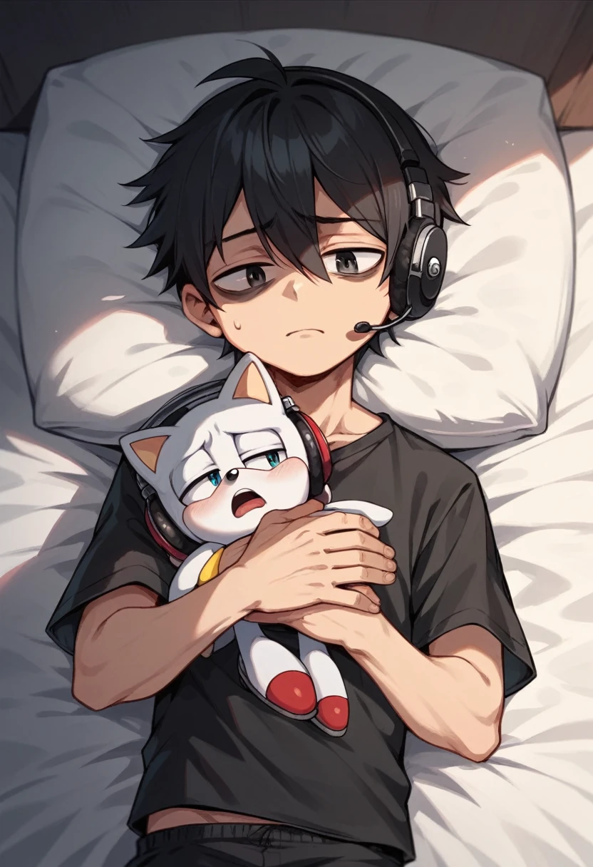 Teenage boy, short black hair, with bangs covering the right eye, wearing black emo clothes, wearing a cap and headphones,  holding a Sonic doll, with a sad face, lying on a bed.