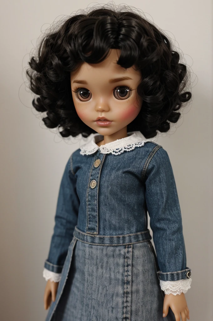 one Blythe doll dark hair, light skin, curly short hair without volume