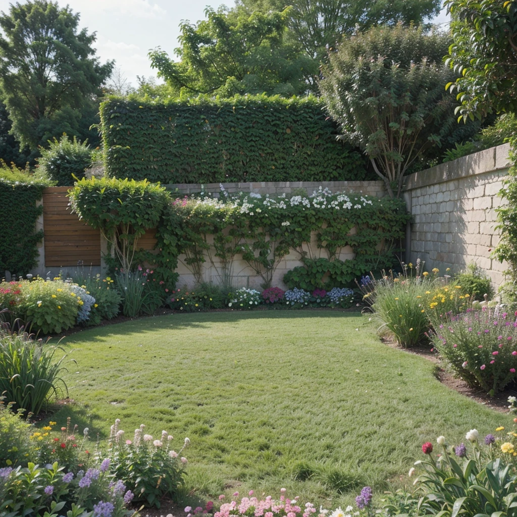 ((Best Quality)), ((Masterpiece)), (detailed), very realistic house garden with predominantly short green grass (cut by a gardener and flowers. No frills, The short, smooth grass is the center of the photo and the flowers accompany it., green and other vibrant colors