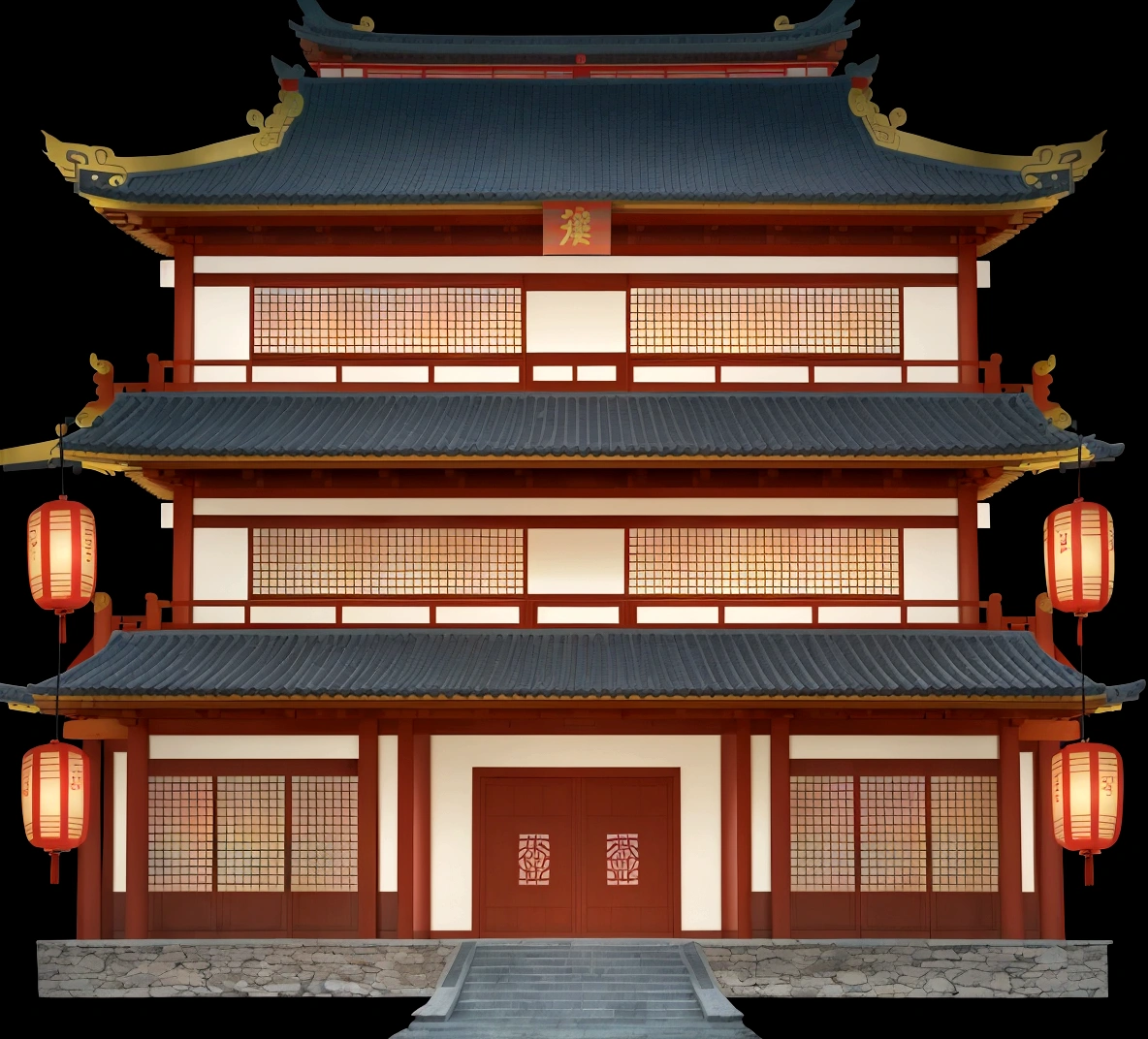 illustration of a traditional chinese building with lanterns and a door, an extremely detailed building, european japanese buildings, japanese house, chinese building, japanese temple, zen temple background, ancient japanese architecture, digital painting of a pagoda, japanese architecture, temple background, inspired by Tōshi Yoshida, japanese temples, inspired by Shūbun Tenshō