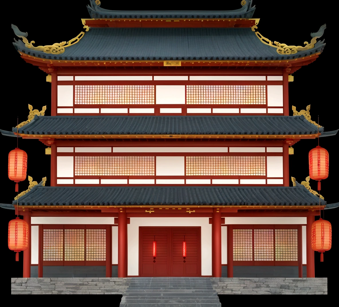 illustration of a traditional chinese building with lanterns and a door, an extremely detailed building, european japanese buildings, japanese house, chinese building, japanese temple, zen temple background, ancient japanese architecture, digital painting of a pagoda, japanese architecture, temple background, inspired by Tōshi Yoshida, japanese temples, inspired by Shūbun Tenshō