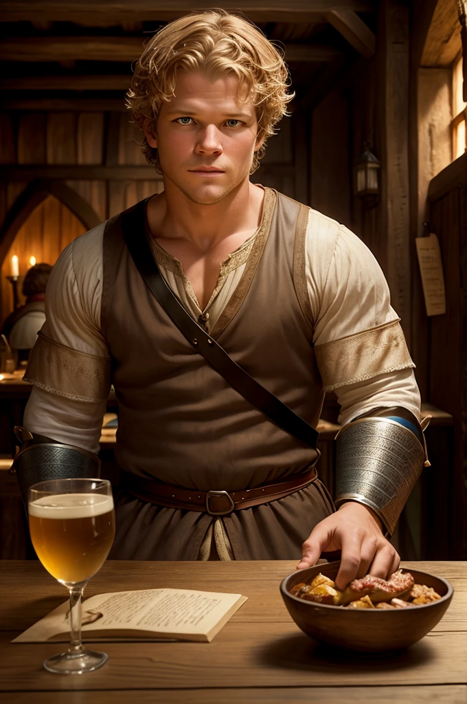 Christopher Egan as a handsome medieval knight sits at a table in a tavern, in front of him is a fat, obsequious innkeeper