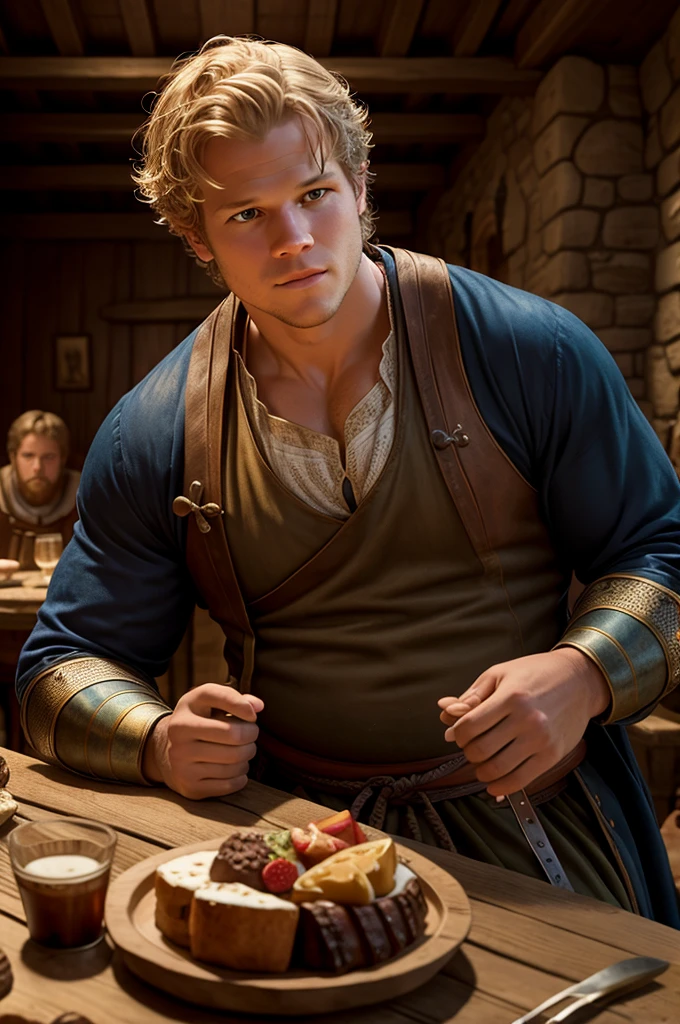 Christopher Egan as a handsome medieval knight sits at a table in a tavern, in front of him is a fat, obsequious innkeeper