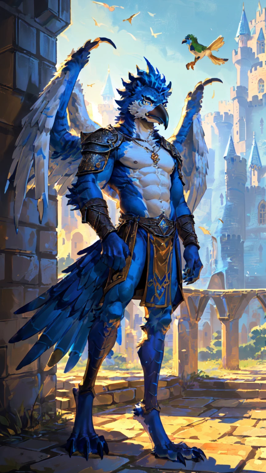 ((middle Ages:1.3,Castle Background:1.6)),(Royal Family:1.2),sunny,high resolution,4K,【Strike a pose:1.5】,masterpiece,high quality,((Griffin)),male,Furry,(ager:1.3),hairy,((Fierce and vicious:1.4)),(((strong:1.4,Big Wings:1.3,Bird claws子:1.3))),(((Blue head:1.3,White abs:1.4))),(((White Wings:1.3))),(((Golden pupils:1.2))),(((Bird claws:1.3))),(((Long legs:1.3))),((No shirt,No underwear)),Exquisite eyes,Detailed body,Detailed claws,Detailed feet,Kenket's Art