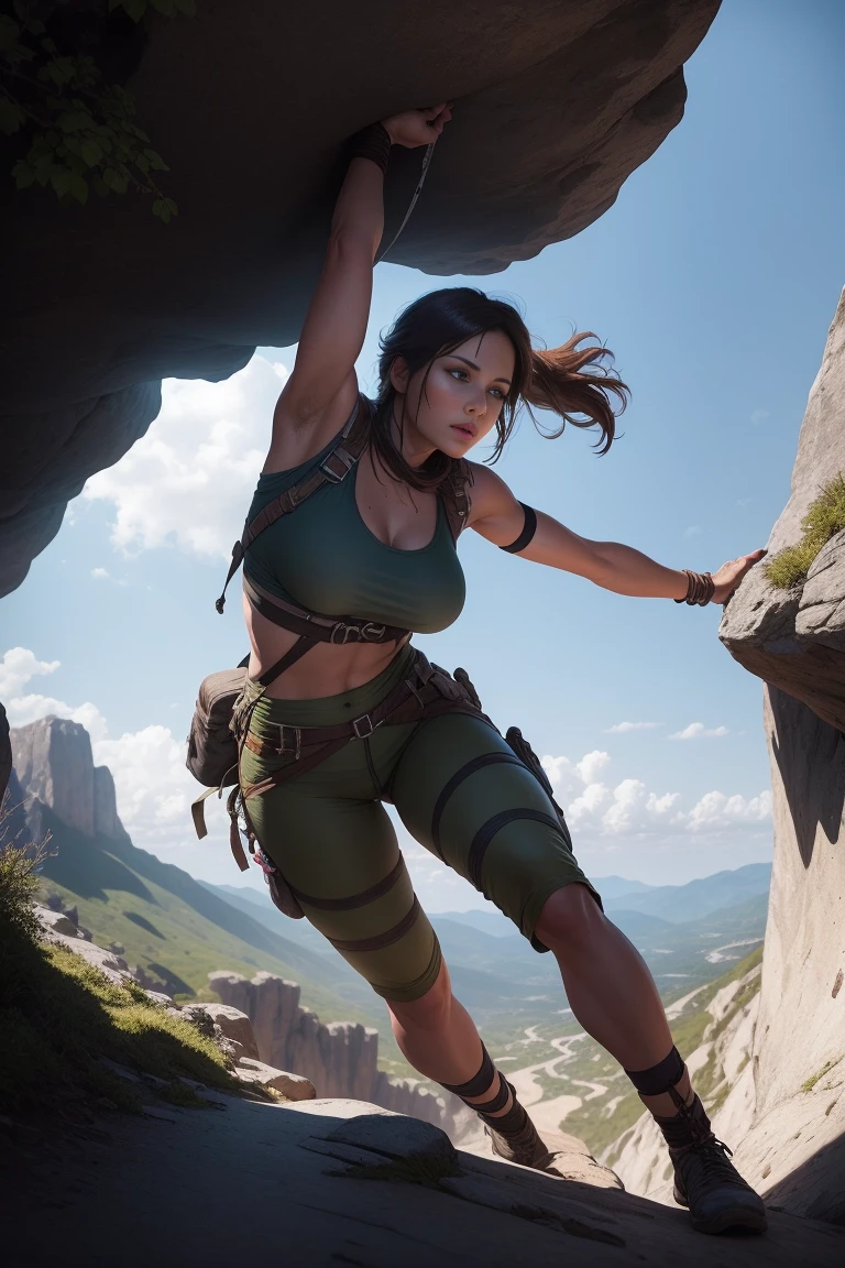Create an illustration of Lara Croft engaging in cliff walking and climbing in a breathtaking, rugged landscape. She is scaling a steep, rocky cliff with the aid of climbing gear, including ropes, harnesses, and carabiners. The cliff is part of a dramatic mountain range, with sheer drops and jagged peaks. Below her, a lush valley stretches out, filled with dense forests or perhaps a winding river. Lara is dressed in her iconic adventure attire, looking determined and focused as she navigates the challenging terrain. The environment should include realistic rock textures and intricate details, with the sunlight casting dynamic shadows on the cliff face. The overall atmosphere should convey a sense of adventure, courage, and the thrill of conquering nature's obstacles. DLSR, sharp focus, soft lighting, masterpiece, photorealistic, 8k, masterpiece, perfect face, ultra detailed face, perfect brown eyes, beautiful face