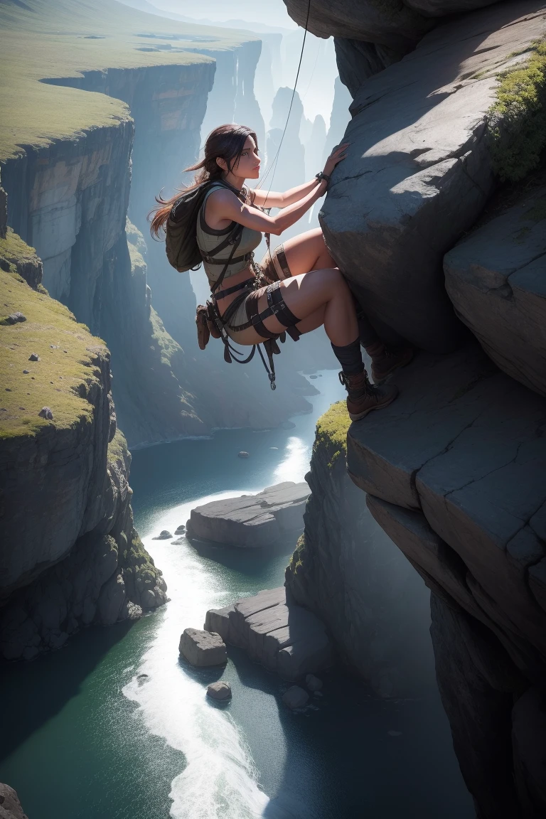 Create an illustration of Lara Croft engaging in cliff walking and climbing in a breathtaking, rugged landscape. She is scaling a steep, rocky cliff with the aid of climbing gear, including ropes, harnesses, and carabiners. The cliff is part of a dramatic mountain range, with sheer drops and jagged peaks. Below her, a lush valley stretches out, filled with dense forests or perhaps a winding river. Lara is dressed in her iconic adventure attire, looking determined and focused as she navigates the challenging terrain. The environment should include realistic rock textures and intricate details, with the sunlight casting dynamic shadows on the cliff face. The overall atmosphere should convey a sense of adventure, courage, and the thrill of conquering nature's obstacles. DLSR, sharp focus, soft lighting, masterpiece, photorealistic, 8k, masterpiece, perfect face, ultra detailed face, perfect brown eyes, beautiful face