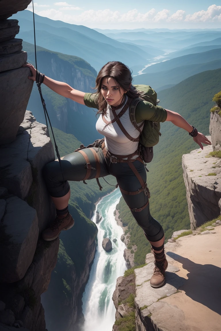 Create an illustration of Lara Croft engaging in cliff walking and climbing in a breathtaking, rugged landscape. She is scaling a steep, rocky cliff with the aid of climbing gear, including ropes, harnesses, and carabiners. The cliff is part of a dramatic mountain range, with sheer drops and jagged peaks. Below her, a lush valley stretches out, filled with dense forests or perhaps a winding river. Lara is dressed in her iconic adventure attire, looking determined and focused as she navigates the challenging terrain. The environment should include realistic rock textures and intricate details, with the sunlight casting dynamic shadows on the cliff face. The overall atmosphere should convey a sense of adventure, courage, and the thrill of conquering nature's obstacles. DLSR, sharp focus, soft lighting, masterpiece, photorealistic, 8k, masterpiece, perfect face, ultra detailed face, perfect brown eyes, beautiful face
