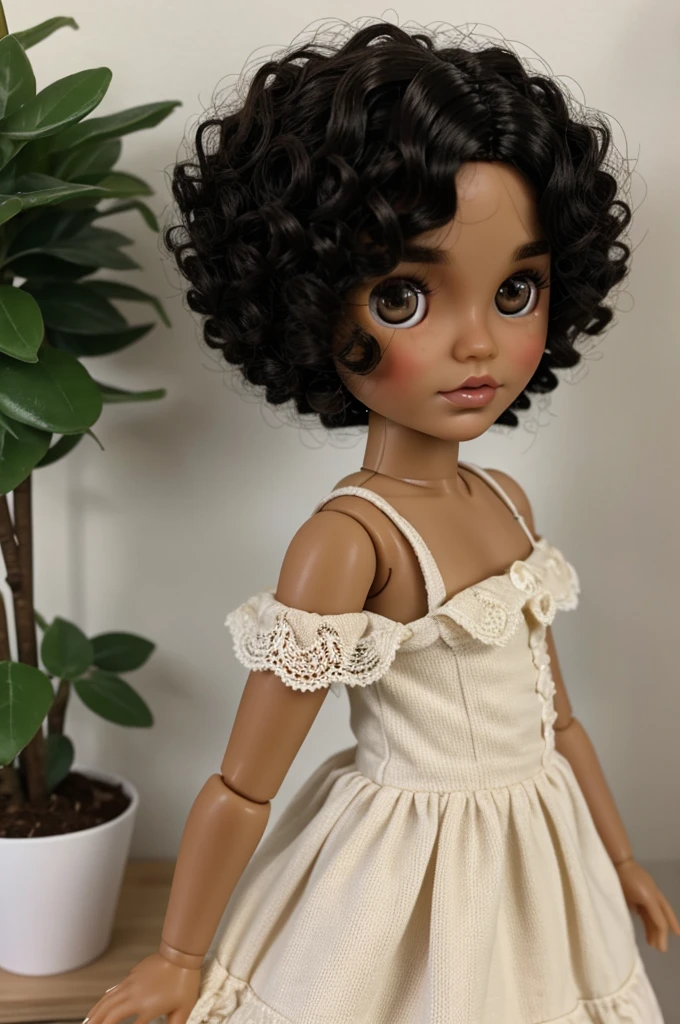 one Blythe doll dark hair, light skin, curly short hair without volume 
