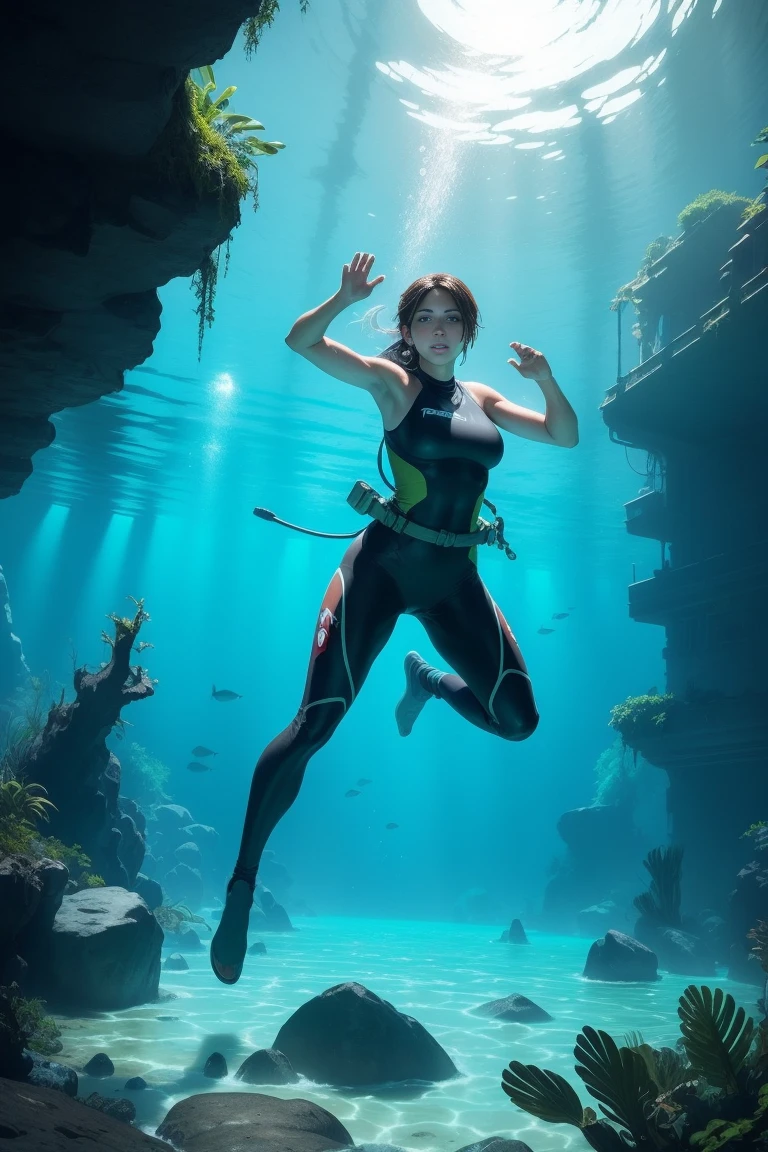 Create an illustration of Lara Croft swimming and diving in a crystal-clear river, surrounded by lush, tropical vegetation. Lara is fully immersed in her underwater adventure, wearing a sleek wetsuit and diving gear, including a mask and fins. She is swimming gracefully, with a determined expression, searching for hidden treasures beneath the water's surface. The underwater environment should be rich with vibrant coral, colorful fish, and mysterious ruins or artifacts partially buried in the sand. The sunlight filters through the water, creating a mesmerizing, dappled light effect. The overall atmosphere should convey a sense of exploration, discovery, and the natural beauty of an uncharted aquatic world.