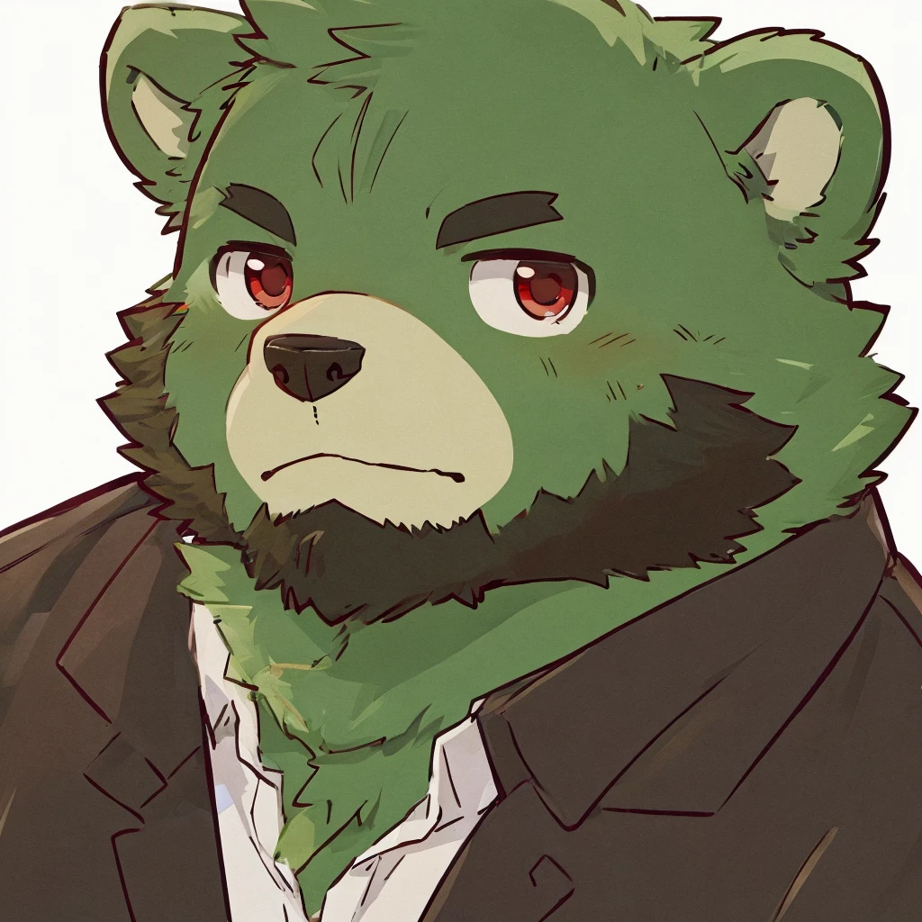 anthro, kemono, male, chibi, half-length portrait, flat colors, white background, solo, (((green bear))), (((green fur))), green hair, red eyes, beard,