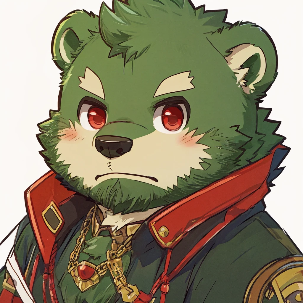 anthro, kemono, male, chibi, half-length portrait, flat colors, white background, solo, (((green bear))), (((green fur))), green hair, red eyes, beard,