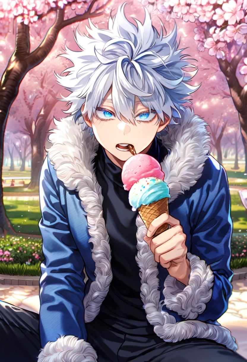 absurdres, highres, ultra detailed, HDR, master piece, best quality, extremely detailed face, delicated features, Gojou Satoru, white hair, messy hair, hair between the eyes, expressive blue eyes, white eyelashes, Boku No Hero Academia, sexy man, solo, handsome, blue jacket with fur, black shirt, black pants, fantasy, blossoms, pink flowers, park, eating an ice cream