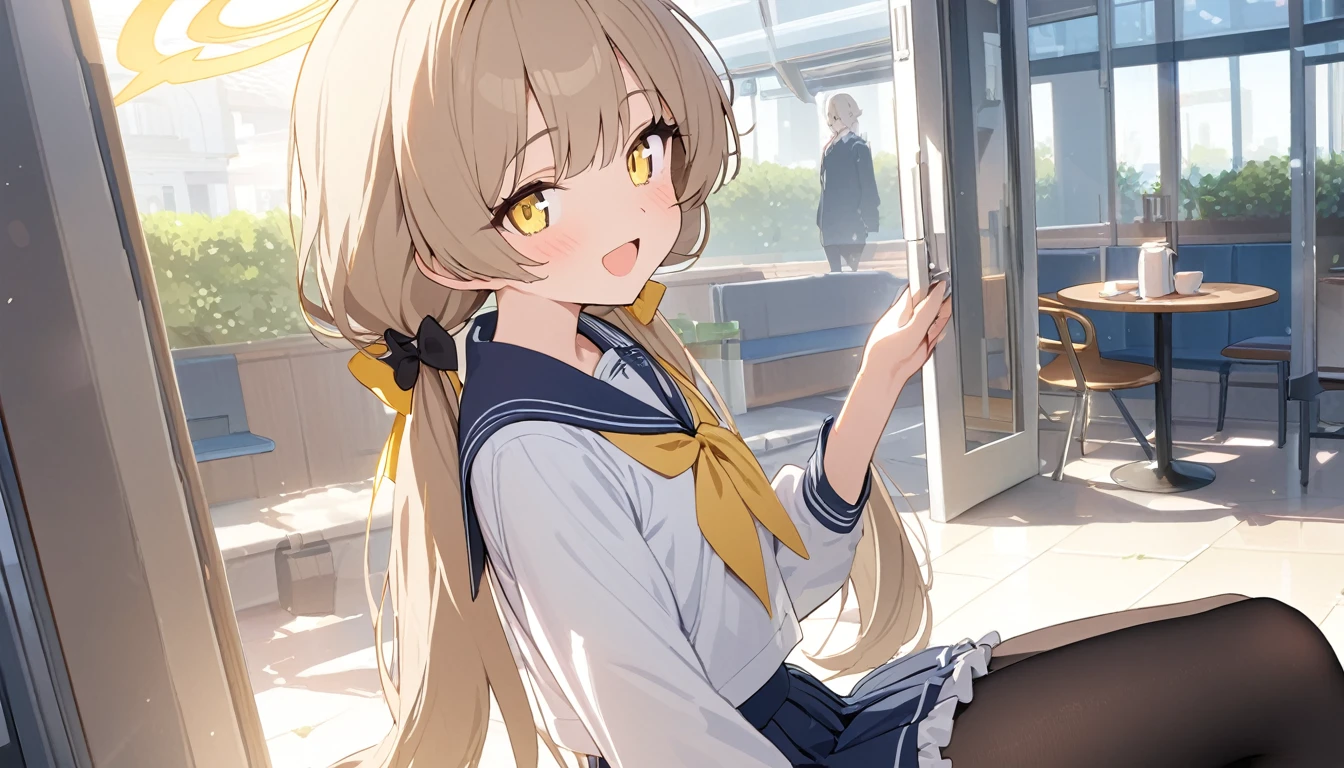 (((masterpiece))), (((best quality))), ((ultra-detailed)), (illustration), (detailed light), ((an extremely delicate and beautiful)), (beautiful detailed eyes), (sunlight), 1 girl, Ajitani Hifumi (Blue Archive), halo, Long hair, light brown hair, low twintails, , sailor collar, tied, yellow ribbon, hair bow, blue skirt, pleated skirt, frilled skirt, frills, Black pantyhose, wing hair ornament, yellow eyes, sitting, cafetaria, morning, smile, open mouth, from side.