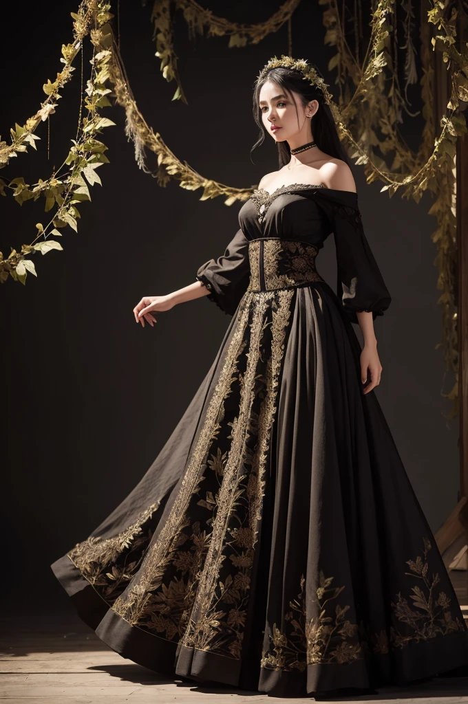 black backdrop , a masterpiece, a costume with just a long skirt , made from large dried leaves, with some embroidery on the sides of the leaves 