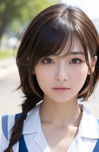 masterpiece:1.3), (8K, Realistic, RAW Photos, Best image quality: 1.4), Japanese schoolgirl、(Random Hairstyles:1.2)、Highly detailed face、Attention to detail、double eyelid、Chest to chest、Sharp focus:1.2、Beautiful woman:1.4、Light brown hair、Highest quality、masterpiece、Ultra-high resolution、(Realistic:1.4)、非常に詳細でプロフェッショナルに照らされたlol顔、Loose、thin、lol、Short-haired、Deadly position、Innocence、