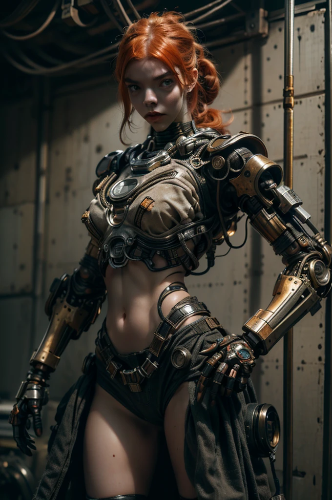 A highly detailed and realistic skull girl,( Anya. Taylor Joy) cyberpunk character, mad max furiosa, one hand robot, cyborg arm, orange hair, dramatic metal heavy rock theme, best quality, 8k, hyperrealistic, photorealistic, extreme detailed painting, studio lighting, vivid colors, dark moody atmosphere, cinematic, dramatic pose, intricate mechanical details, glowing energy effects, intense gritty textures, seamless integration of organic and inorganic elements. Wearing the used clothes of a wastelander. Background: An apocalyptic wasteland. Dusty and depressing.