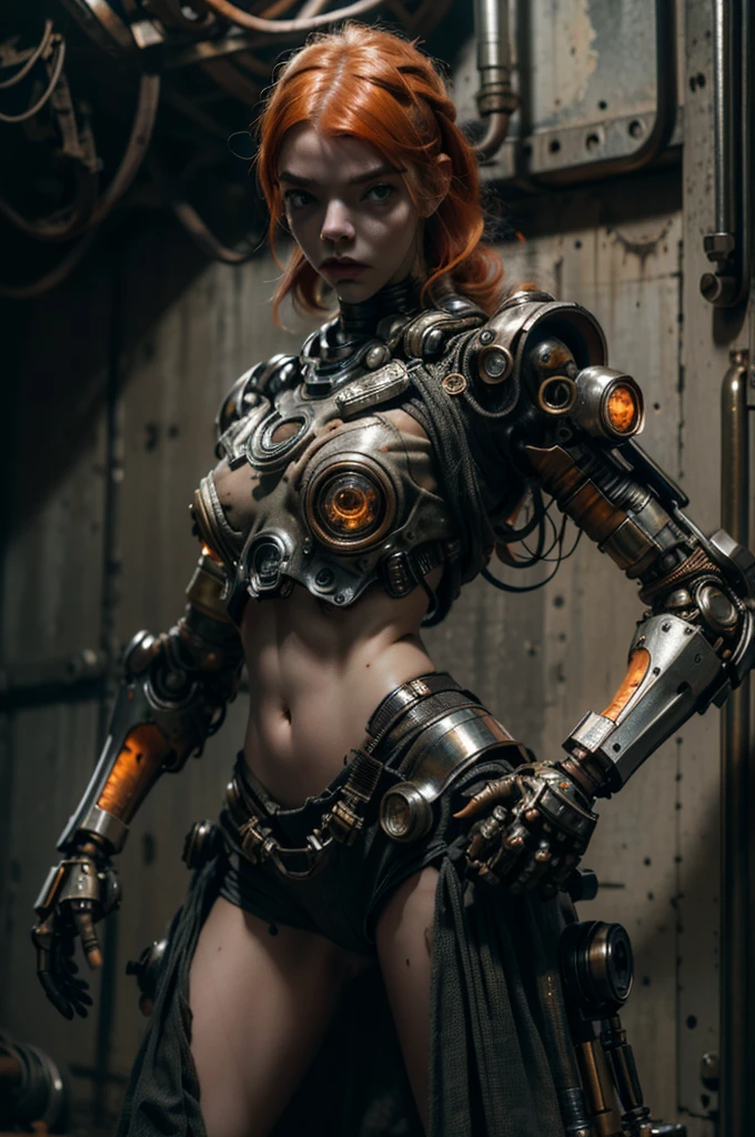 A highly detailed and realistic skull girl,( Anya. Taylor Joy) cyberpunk character, mad max furiosa, one hand robot, cyborg arm, orange hair, dramatic metal heavy rock theme, best quality, 8k, hyperrealistic, photorealistic, extreme detailed painting, studio lighting, vivid colors, dark moody atmosphere, cinematic, dramatic pose, intricate mechanical details, glowing energy effects, intense gritty textures, seamless integration of organic and inorganic elements. Wearing the used clothes of a wastelander. Background: An apocalyptic wasteland. Dusty and depressing.