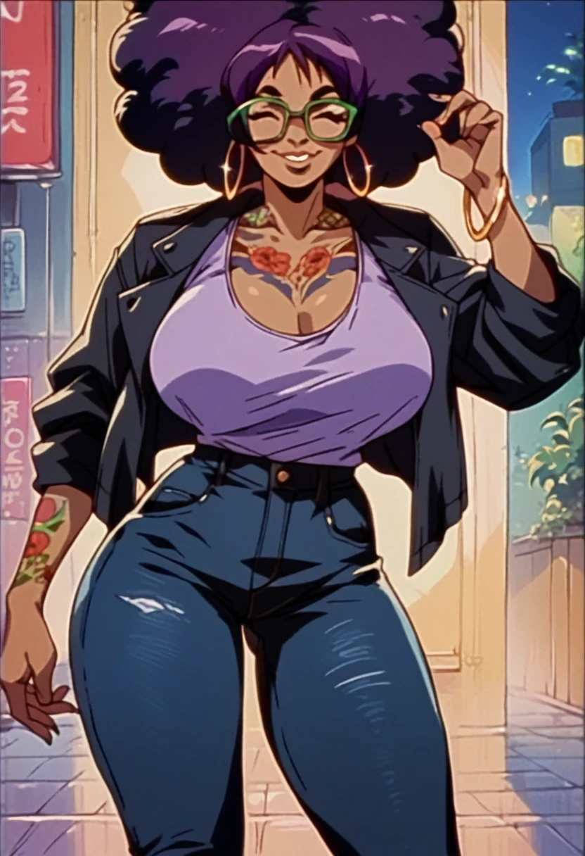 beautyful brown woman, brown skin, huge full afro purple hair, black lipistick, full lips, purple shirt, black jeans panties, black jacket, hoop earring, green glasses, dragon tattoo, night, smile, sensual woman