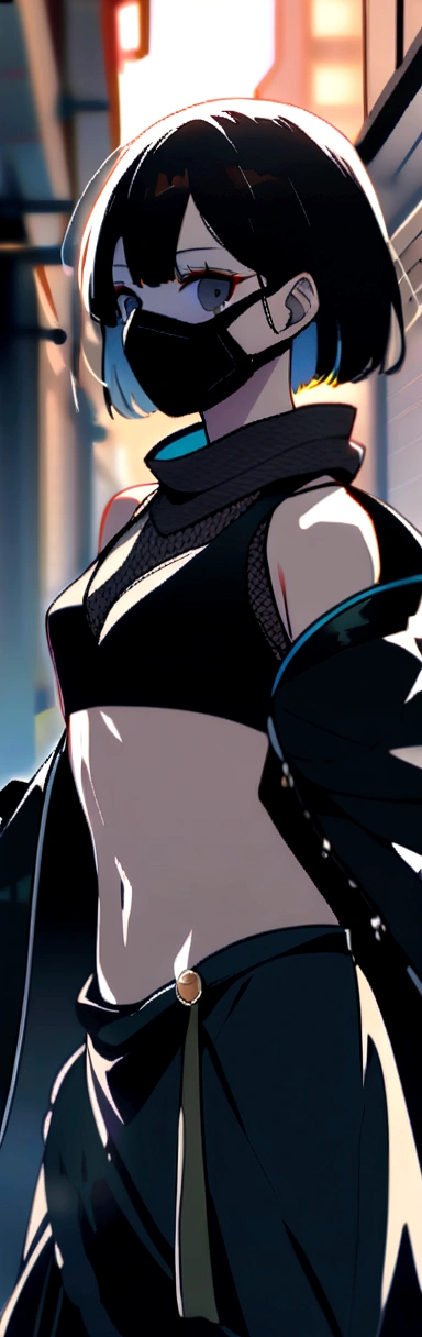 4k,8k,extreme quality, 1girl, solo, skinny, slender body, ((wear black_mask)),army_hanfu_suit, assassin, ninja, ta fashion, navel open, shoulders open, short_hair, upper_body, blurry_urban_background, from side,