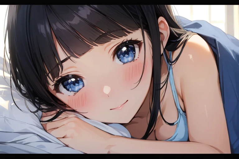 masterpiece、Highest quality、1 female、Very detailed　Black Hair、Blunt bangs　blue eyes、Detailed depiction of the eyes　smile、blush　Tank top　Face is close、Face close-up、Bring your face closer　Sheetに寝転がる、Lie down　Sheet
