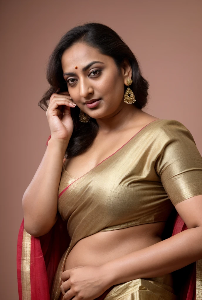 Foto RAW, photorealistic, photography, full body shot, 50 years old Woman, master shot, perfect eyes, goddess like beauty, pierced eyes, perfect thick chubby mallu Desi aunty bhabhi, Wearing a Stanapatta, a chest-band.Saree model, model Photography, Indian saree shoot, Indian traditional wear advertising photography, traditional wear brand shoot, face of Indian actress Sonakshi Sinha, masterpiece, realistic, realism, incredible details,  pleasure, photorealism, detailed skin, skin pores, high contrast, photorealistic Artstation 8k HD digital art trend of high definition and detailed realistic skin texture, ultra detail, realistic skin texture, armature, best quality, ultra high definition, (photorealistic:1.4),, high resolution, detail, raw photo, sweat, Re sharp, by Lee Jefferies Nikon D850 Film Stock Photo 4 Kodak Portra 400 Camera F1.6 Lens Rich Color Ultra Real Realistic Realistic Textures Dramatic Lighting Unreal Engine Trending at Art Station Cinestill 800,(pele altamente detalhada: 1.2), 8k UHD, DSLR, soft-lighting, alta qualidade, grain of film, Fujifilm XT3,she didn't like to wear blouse or bra, she is happy to wear only saree, she hates blouse or bra, detailed hairy armpits, hyper realistic skin, skin pores, sweat, veins, 