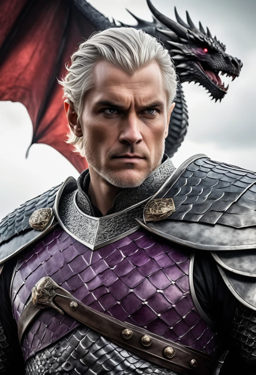 (masterpiece, 8K, UHD, high resolution: 1.4), imposing portrait of Aegon the Conqueror, (tall, broad-shouldered and powerful-looking: 1.3), (piercing purple eyes: 1.2), (short silver and gold hair: 1.2), (dressed in a shirt of black scales: 1.3), (wielding the Valyrian steel sword, Blackfyre: 1. 3), (wearing a simple Valyrian steel crown with large square-cut rubies: 1.2), (next to his majestic dragon: 1.2), (atmosphere of battle and conquest: 1.3), (setting of a medieval battlefield in the background: 1.1), realistic and intricate details, (authoritative and charismatic outlook: 1.3), (elements of power and leadership: 1.2)