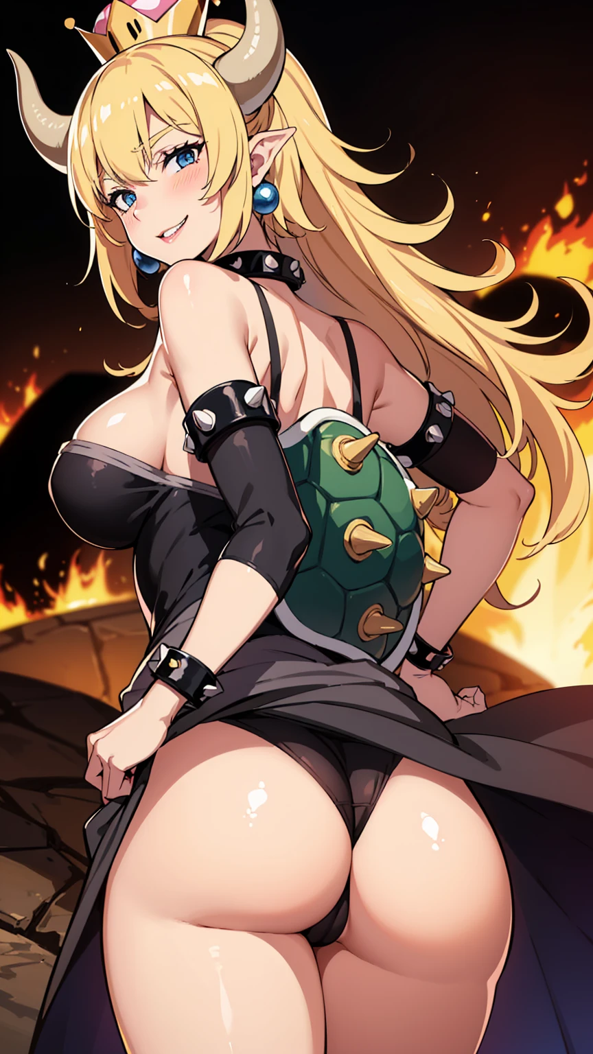 best quality, high resolution, large breasts, blonde hair, blush, Evil smile, cowboy shot, looking at viewer, bowsette, pink lip, in a volcano with lava, (((sexy shoulders))), (((shoulders Focus))), (((ass)))