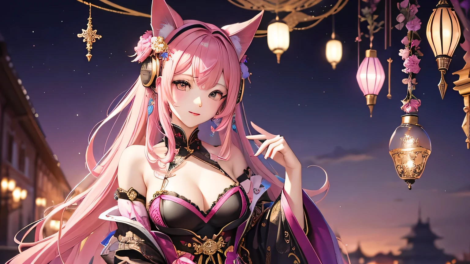 masterpiece, Highest quality, Highest quality, Official Art, beautifully、aesthetic:1.2), (One girl), Very detailed,(Fractal Art:1.3),colorful,Most detailed pink hair、I have headphones on。No exposure、Gorgeous hair decoration、The gorgeous attire of a prostitute。Costumes worn during the courtesan procession。