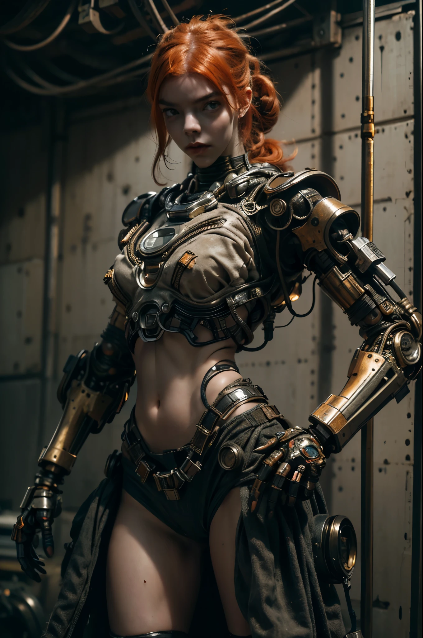 A highly detailed and realistic skull girl,( Anya. Taylor Joy) cyberpunk character, mad max furiosa, one hand robot, cyborg arm, orange hair, dramatic metal heavy rock theme, best quality, 8k, hyperrealistic, photorealistic, extreme detailed painting, studio lighting, vivid colors, dark moody atmosphere, cinematic, dramatic pose, intricate mechanical details, glowing energy effects, intense gritty textures, seamless integration of organic and inorganic elements. Wearing the used clothes of a wastelander. Background: An apocalyptic wasteland. Dusty and depressing.