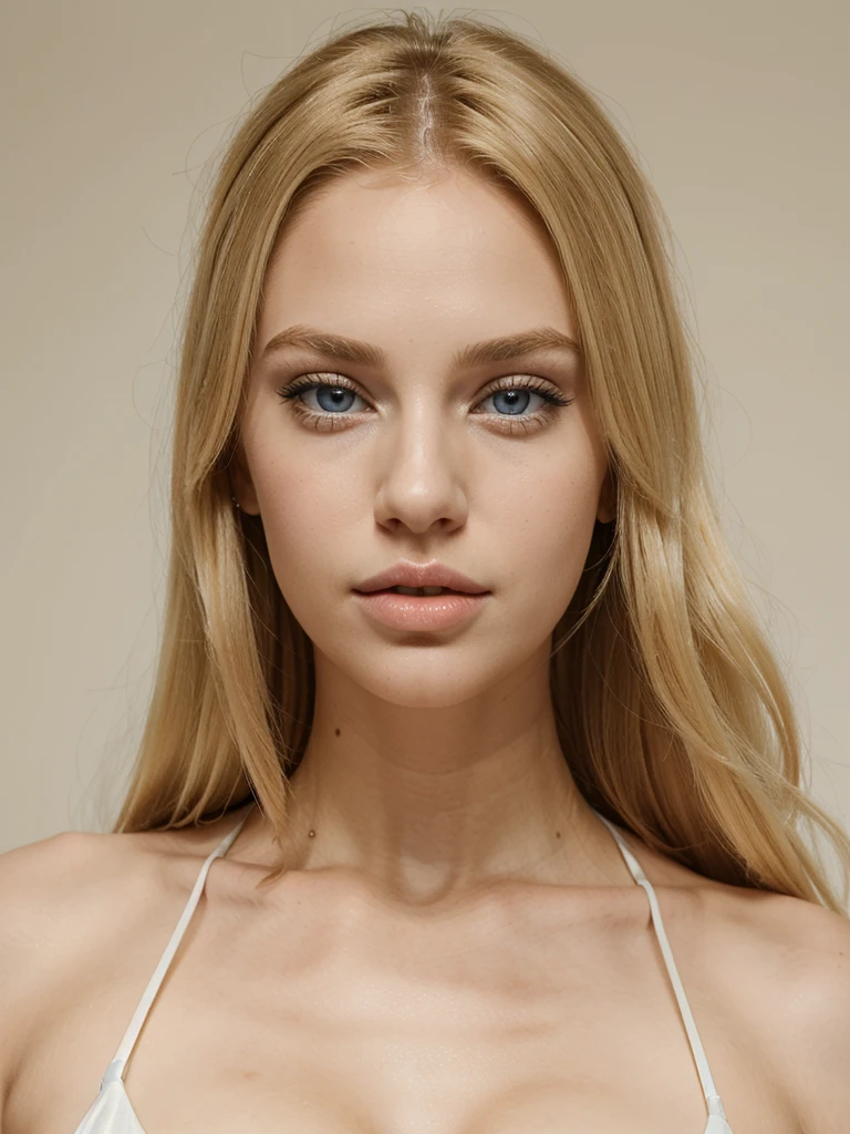 Extremely beautiful woman with blonde hair and big lips, She has blue eyes and an off-white halter neck dress., her lips are big and her beauty is greater