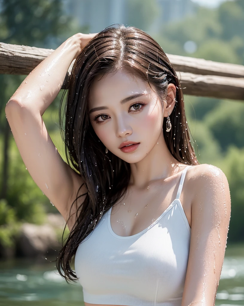 (Best quality, 4k, Masterpiece :1.3), pretty woman, 1girl, sexy :1.1, dark brown hair: 1.1, (river, wet body :1.2), sexy white tank tops, ultra-detailed face, detailed lips, detailed eyes, double eyelid
