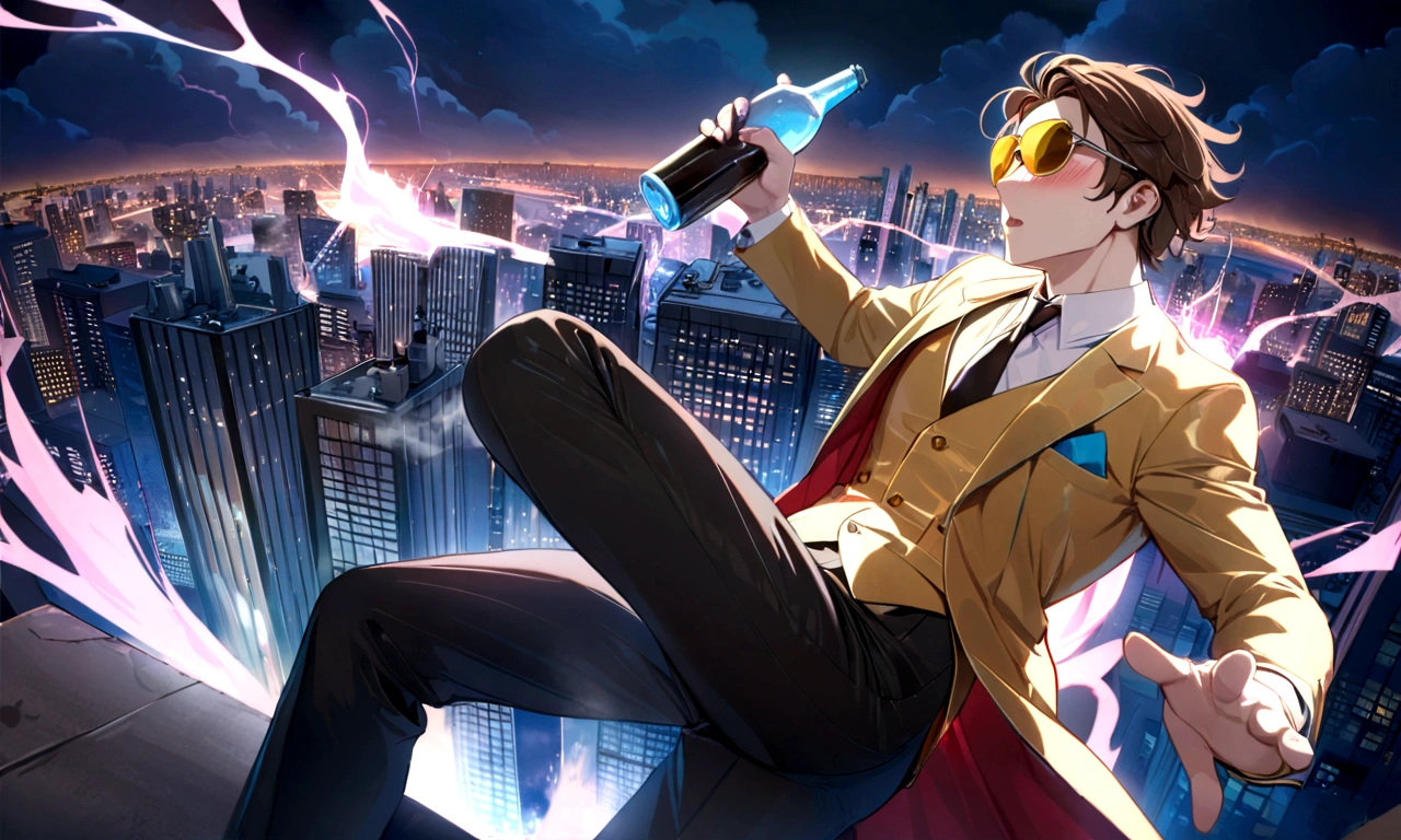 1boy, brown hair, city, night, superhero,holding ,bottle opener ,gold tuxedo, drunk, blush, eyewear_on_head, anime style, fighting, outdoors, detailed face, highly detailed, intricate details, cinematic lighting, glowing energy effect, dramatic composition, dynamic pose, neon cityscape, volumetric fog, cinematic atmosphere, vibrant colors, surreal elements, (best quality,4k,8k,highres,masterpiece:1.2),ultra-detailed
