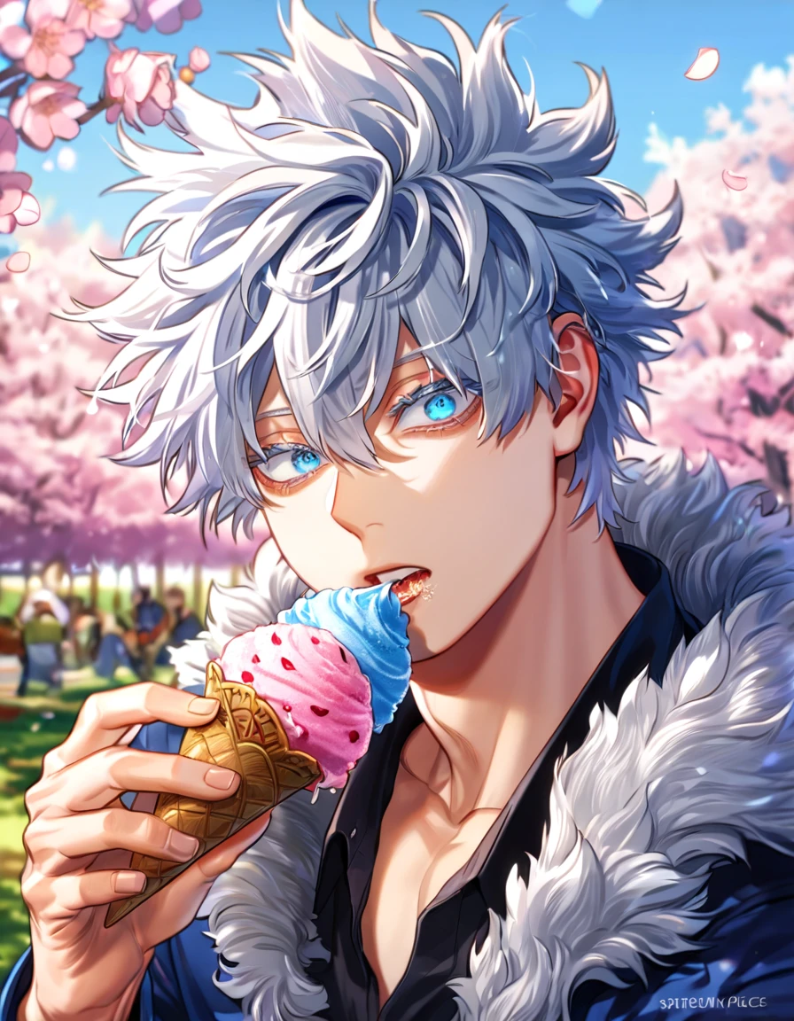 absurdres, highres, ultra detailed, HDR, master piece, best quality, extremely detailed face, delicated features, Gojou Satoru, white hair, messy hair, hair between the eyes, expressive blue eyes, white eyelashes, Boku No Hero Academia, sexy man, solo, handsome, blue jacket with fur, black shirt, black pants, fantasy, blossoms, pink flowers, park, eating an ice cream