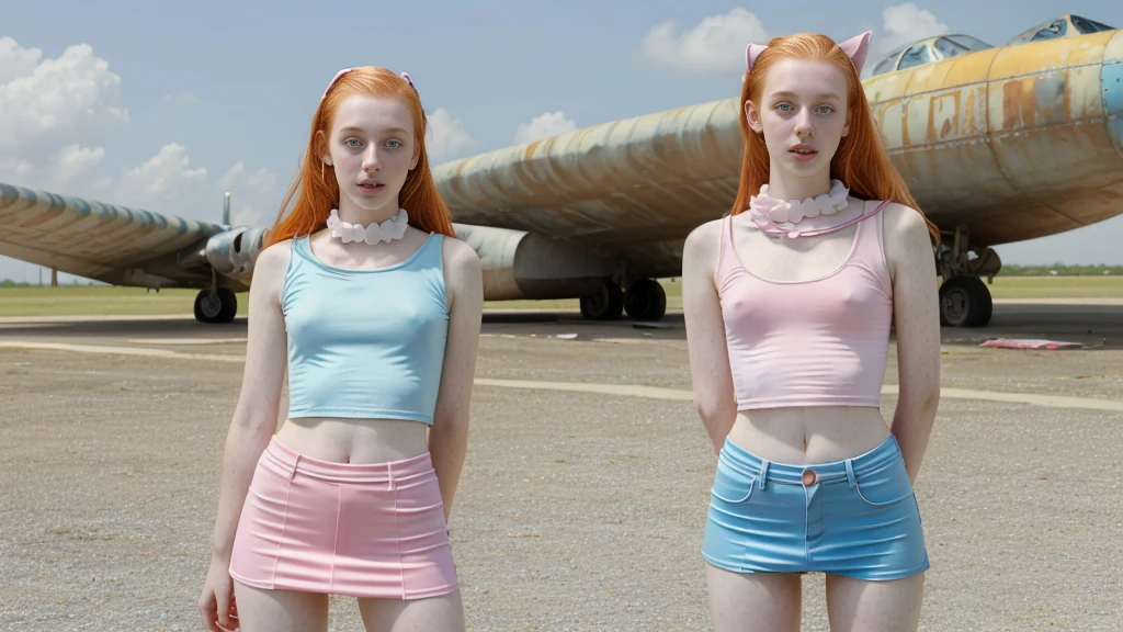 a  y.o. trashy girl, ginger girl very pale skin full of freckles, pink, blue, yelow... top and mini skirt,very thin, very very large puffy ears, big long nose,flat stomach, recording a in an abandoned airport full of abandoned airplanes, dynamic poses,
