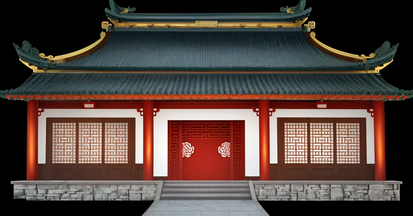 illustration of a traditional chinese house with a red door and a green roof, temple background, zen temple background, background depicting a temple, palace background, house background, chinese building, background art, digital painting of a pagoda, tang dynasty palace, korean traditional palace, detailed scenery —width 672, anime background art, an extremely detailed building, random background scene