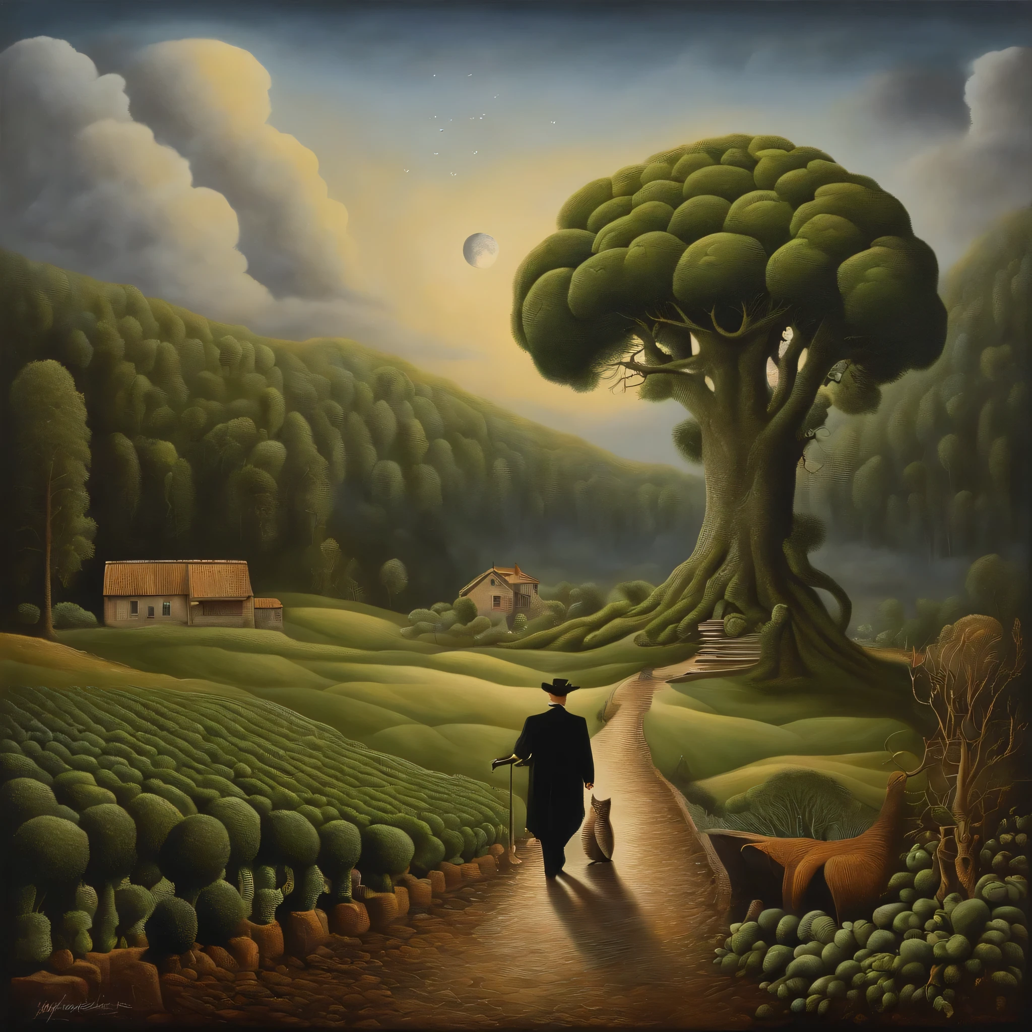 Surrealist art in the style of rafal oblinski, a collage of paintings with a man, an owl and a broccoli, the absurdity of love in a loveless world full of clowds and waterwalls. hyperdetailed, oblinski painting, expanded surrealism, neosurrealism, pop surrealism, surrealist art, perfect composition, abstract, innovative, dreamlike, mysterious, provocative, symbolic, intricate, detailed, revolutionary masterpiece