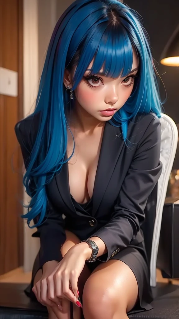 pawg, tomboy, miwakasumi, light blue hair, long hair, blunt bangs, black business suit, white business suit, red business suit, business suit, vest