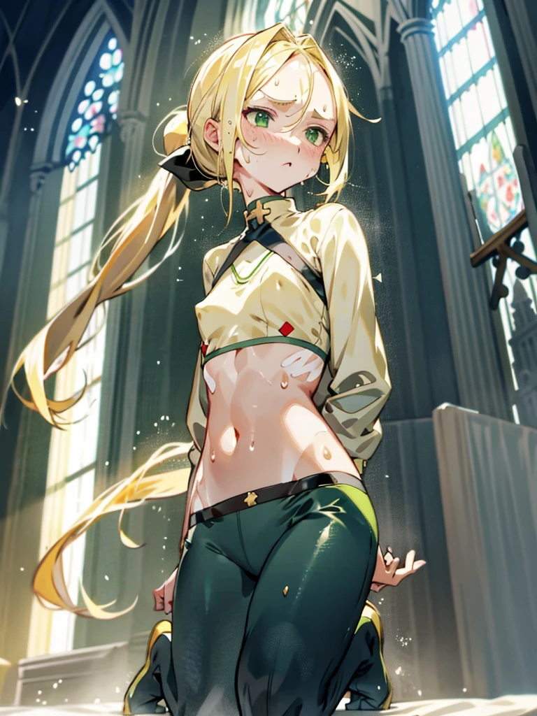 Flat chest, , full body, blonde hair, green eyes, low ponytail, parted bangs, (sweaty skin:1.2), church, light particles, illustration, crop top, absurd detail, HDR, wide hips, long hair, puffy nipples