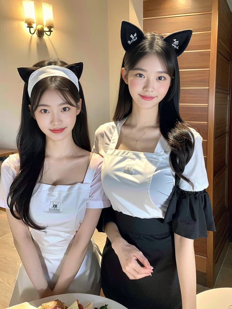 (Super cute Korean high school girl waitress duo look into the camera:1.2)(grin,Smile)(Beautiful Sweat:1.1)(16K, RAW Photos, Highest quality, masterpiece: 1.2),(Cat ears made with beautiful black hair) Super detailed, Super Resolution, (Genuine, Genuine photos: 1.37), Portraiture, High-resolution RAW color photos, Professional photos, Very detailed, 8k wallpaper, Very detailed CG Unity 8k wallpaper, Very detailed beautiful girls, Very detailed faces, ((whole body)), beautiful woman, Huge breasts,(huge boobs:1.1) (Big Boobs:1.1), Beauty college student (Naked Apron:1.1),high school girl, Korean Girls,(K-POP Female Idols), (Idol-class beauty)(Beautiful high school girl:1.1)(Nice restaurant)(18-year-old)(Waitress costumes:1.1)(Group photo:1.1)(:1.0)(NSFW)