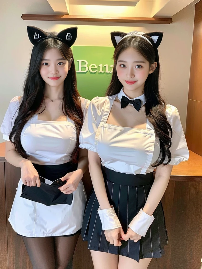 (Super cute Korean high school girl waitress duo look into the camera:1.2)(grin,Smile)(Beautiful Sweat:1.1)(16K, RAW Photos, Highest quality, masterpiece: 1.2),(Cat ears made with beautiful black hair) Super detailed, Super Resolution, (Genuine, Genuine photos: 1.37), Portraiture, High-resolution RAW color photos, Professional photos, Very detailed, 8k wallpaper, Very detailed CG Unity 8k wallpaper, Very detailed beautiful girls, Very detailed faces, ((whole body)), beautiful woman, Huge breasts,(huge boobs:1.1) (Big Boobs:1.1), Beauty college student (Naked Apron:1.1),high school girl, Korean Girls,(K-POP Female Idols), (Idol-class beauty)(Beautiful high school girl:1.1)(Nice restaurant)(18-year-old)(Waitress costumes:1.1)(Group photo:1.1)(:1.0)(NSFW)