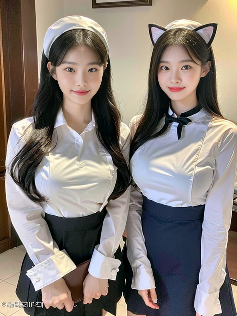 (Super cute Korean high school girl waitress duo look into the camera:1.2)(grin,Smile)(Beautiful Sweat:1.1)(16K, RAW Photos, Highest quality, masterpiece: 1.2),(Cat ears made with beautiful black hair) Super detailed, Super Resolution, (Genuine, Genuine photos: 1.37), Portraiture, High-resolution RAW color photos, Professional photos, Very detailed, 8k wallpaper, Very detailed CG Unity 8k wallpaper, Very detailed beautiful girls, Very detailed faces, ((whole body)), beautiful woman, Huge breasts,(huge boobs:1.1) (Big Boobs:1.1), Beauty college student (Naked Apron:1.1),high school girl, Korean Girls,(K-POP Female Idols), (Idol-class beauty)(Beautiful high school girl:1.1)(Nice restaurant)(18-year-old)(Waitress costumes:1.1)(Group photo:1.1)(:1.0)(NSFW)