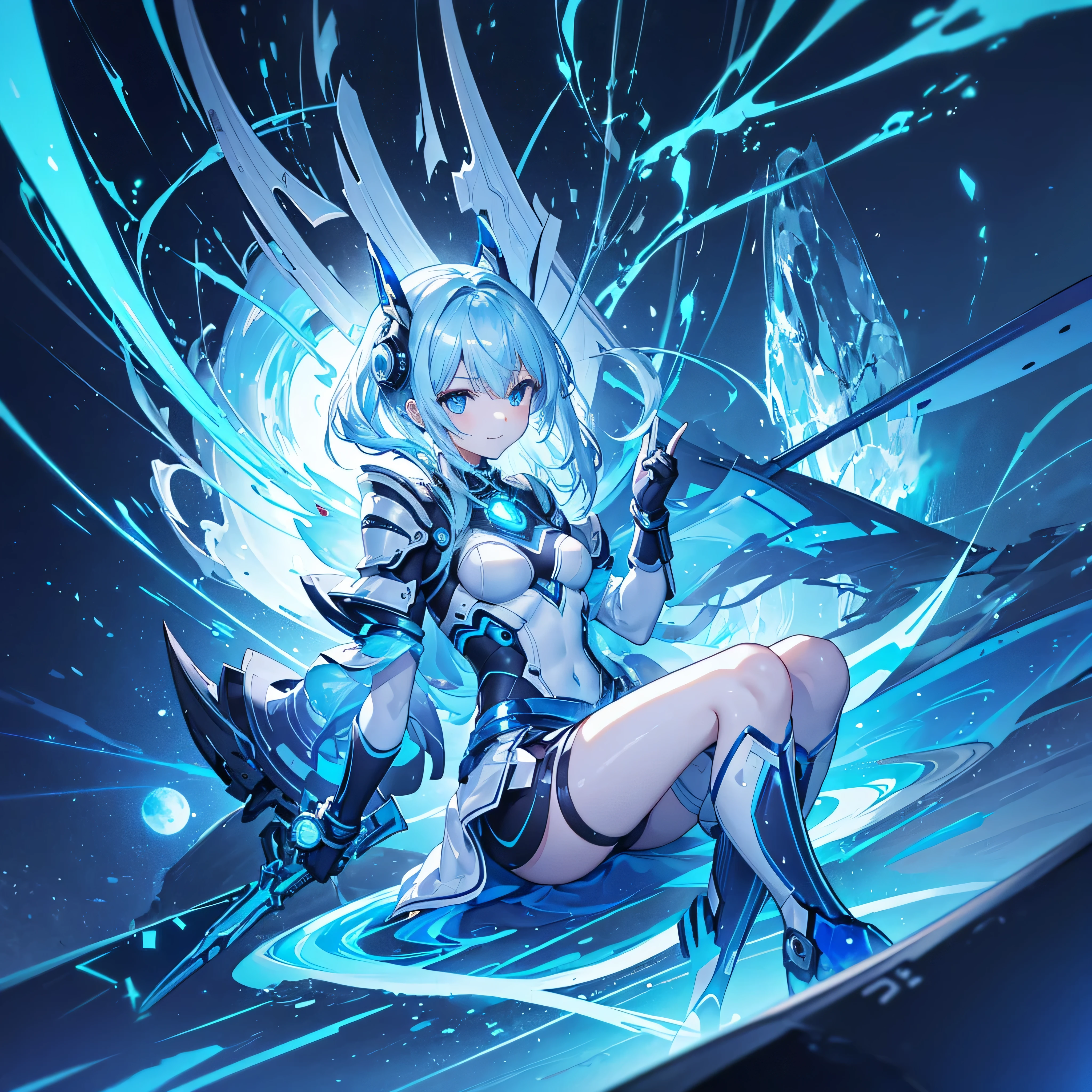8K, Highest quality, (real:1.4), Original photo, 1 girl, Asari Hair, Biological Amplifier, Very sleek and futuristic armor, posture: Peace talks between warring factions,,attention arousal, smart blue eyes,A modest smile,Knee-high boots,Patent-look blue tights,Blue big moon and blue light swirl in the background,Blue light from behind,blue light magic,A small, glowing blue ball in the palm of your hand,Blue flame swirl,Blue Comet,Polished floor,