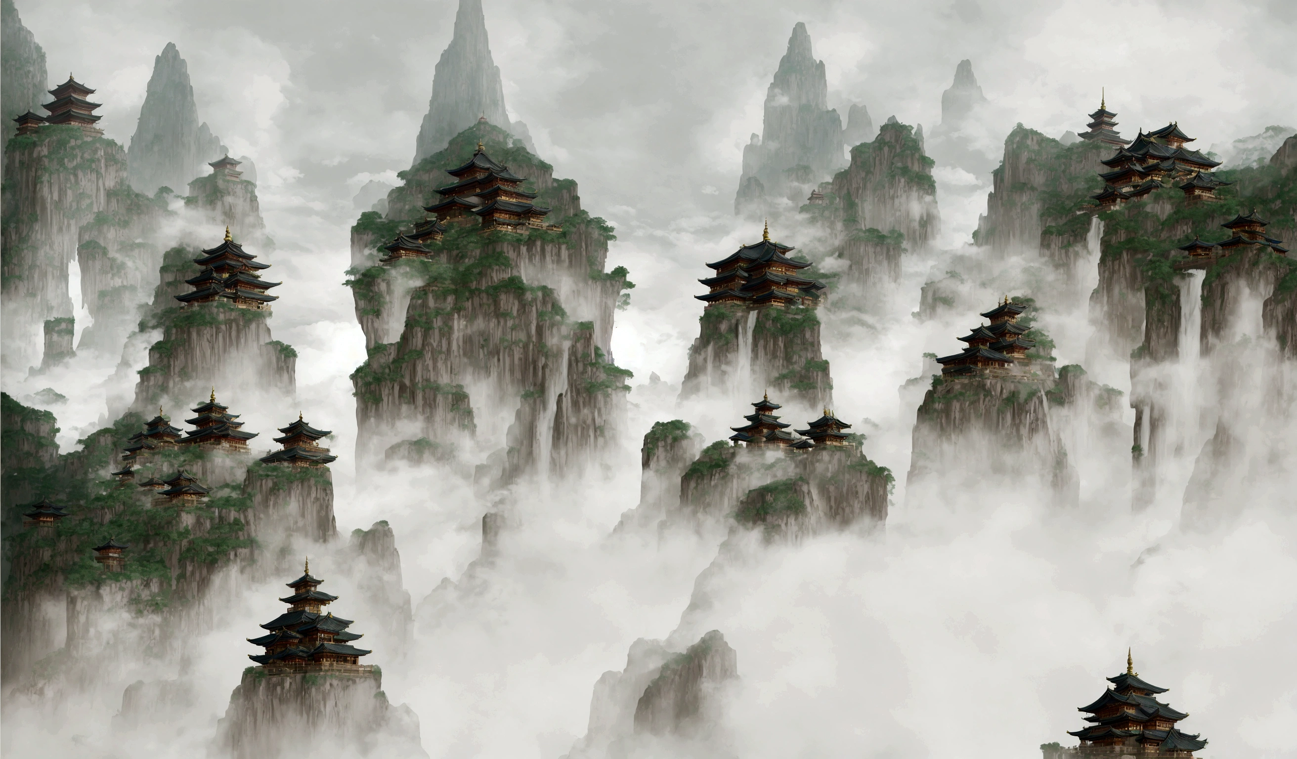 arafed image of a mountain with a pagoda and a waterfall, floating lands in-clouds, onmyoji detailed art, floating mountains, temple background, zen temple background, dojo on a mountain, anime scenery concept art, ancient city landscape, avatar landscape, background art, pagodas on hills, anime landscape, legend of korra setting