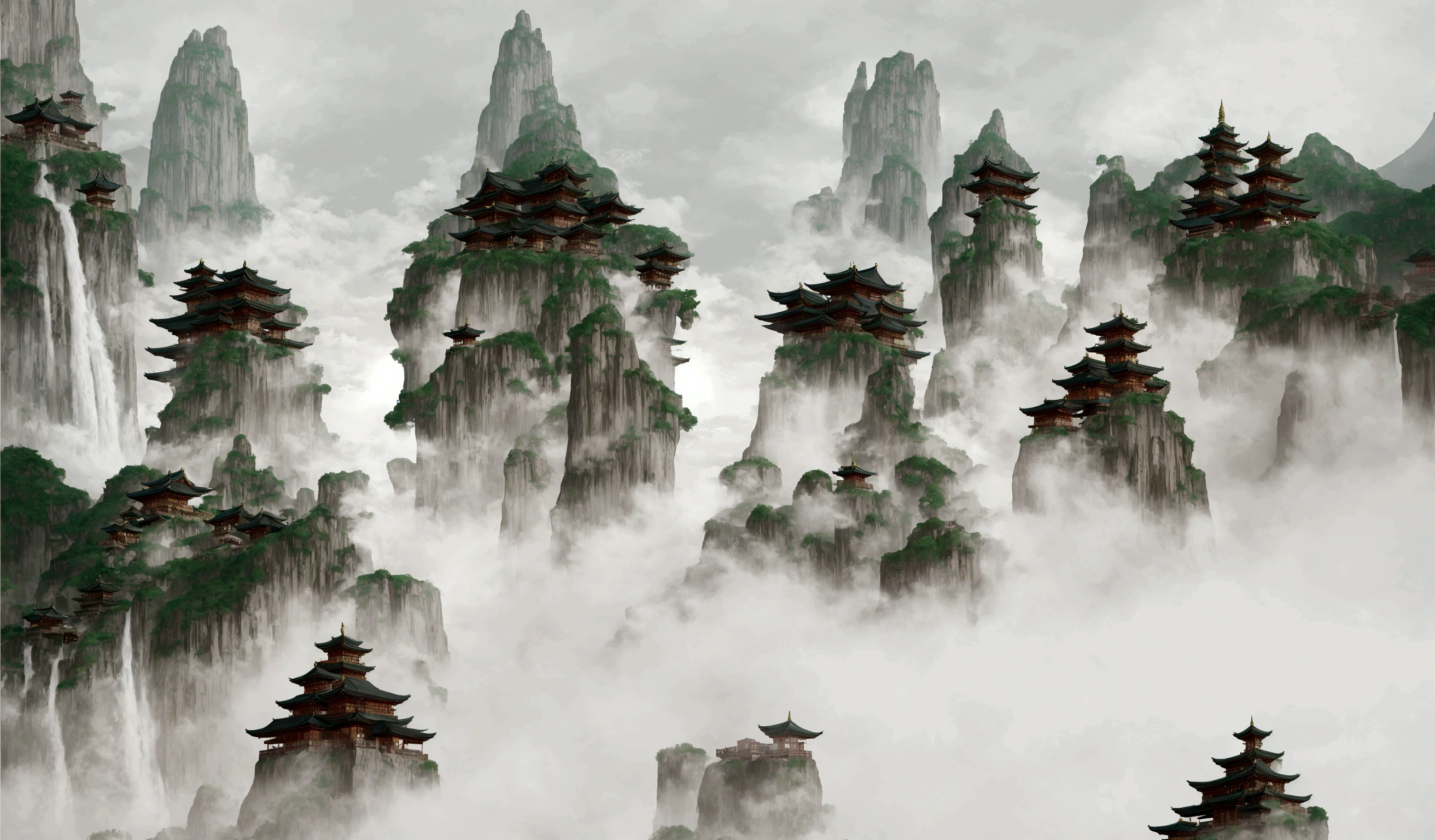 arafed image of a mountain with a pagoda and a waterfall, floating lands in-clouds, onmyoji detailed art, floating mountains, temple background, zen temple background, dojo on a mountain, anime scenery concept art, ancient city landscape, avatar landscape, background art, pagodas on hills, anime landscape, legend of korra setting