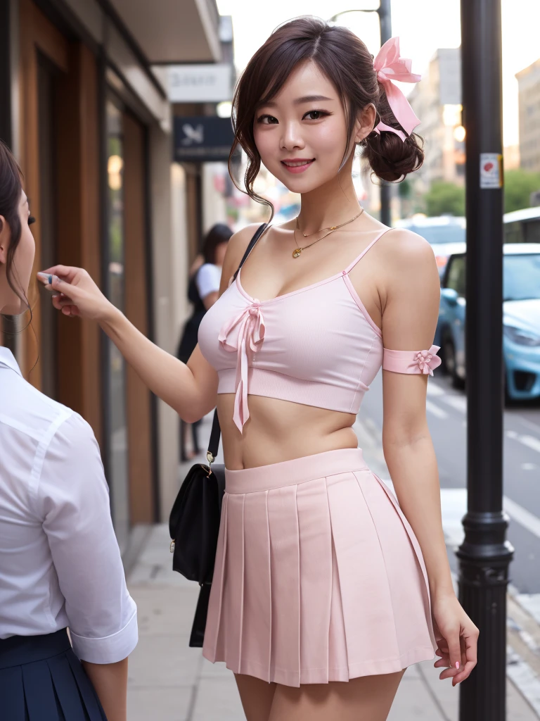 Lumen Reflection、Natural light、(masterpiece,Highest quality),Exciting、Three pole color matching、front,elegant、Looking at the viewer、1 girl、woman、(Underolo、blush、Open your mouth、smile、Dark Brown Hair、Twin tails、Red eyes、ribbon、赤いribbon、髪のribbon、Crop top、Off the shoulder,camisole,No sleeve,Sleeveless、white collar、(Ultra Micro Mini Skirt)、Pink Skirt、belly button,Pleated skirt、Frills,Raw wrists,barefoot,Metropoliegalopolis,Standing posture