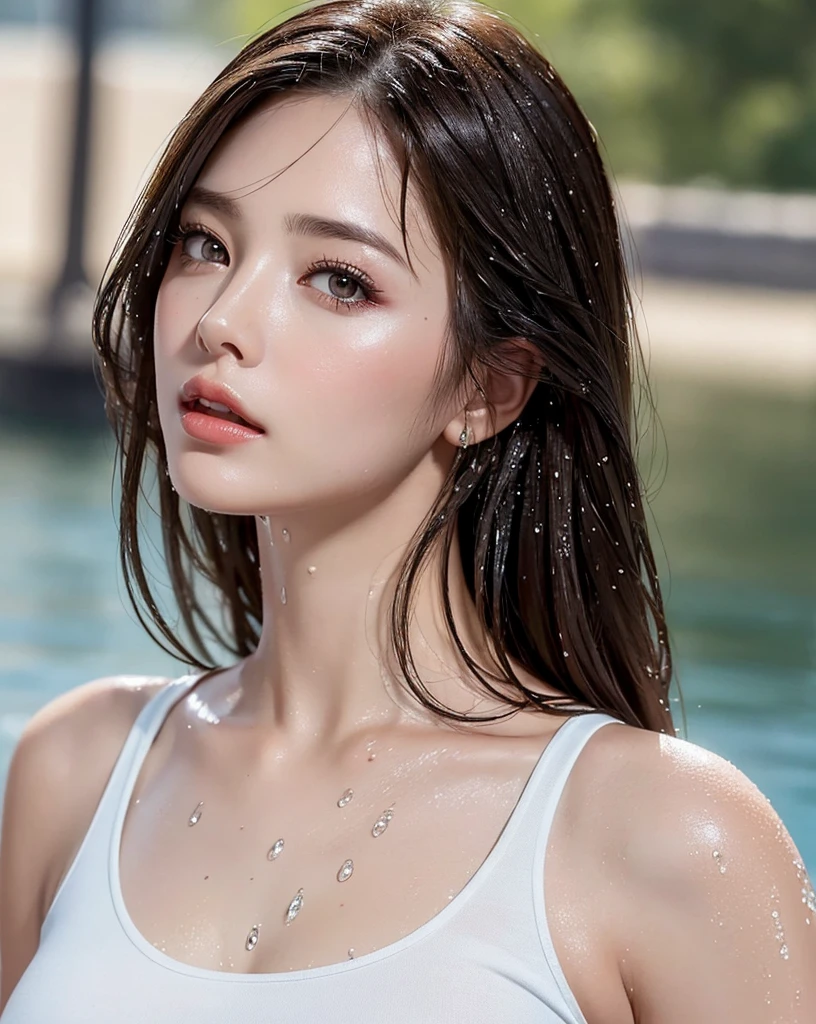 (Best quality, 4k, Masterpiece :1.3), pretty woman, 1girl, sexy :1.1, dark brown hair: 1.1, (river, wet body :1.2), sexy white tank tops, ultra-detailed face, detailed lips, detailed eyes, double eyelid