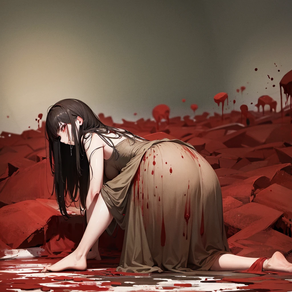 A rotten and sad woman sitting in a sea of ​​blood and dead