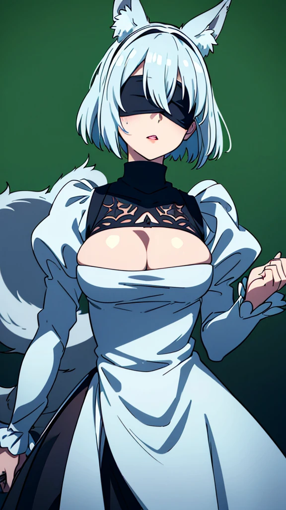 1girl, wlop, (blindfold), breasts, cleavage, cleavage cutout, dress cutout, green background, hair between eyes, headband, high resolution, juliet sleeves, long sleeves, nier (series), nier automata, fluffy sleeves, red lips, shadow face, short hair, solo, turtleneck sweater, upper body, l blue hair, sky, white fox ears, white fox tail, nine-tailed fox,